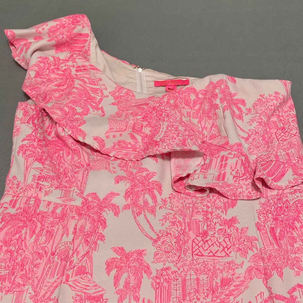 Lilly Pulitzer Pink Tropical Toile One Shoulder Ruffle Mini Dress Size 16 015873 - Picture 9 of 12